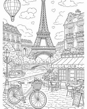 Coloriage Tour Eiffel et Terrasse de Café à Paris - Dessin Paysage Parisien à Imprimer