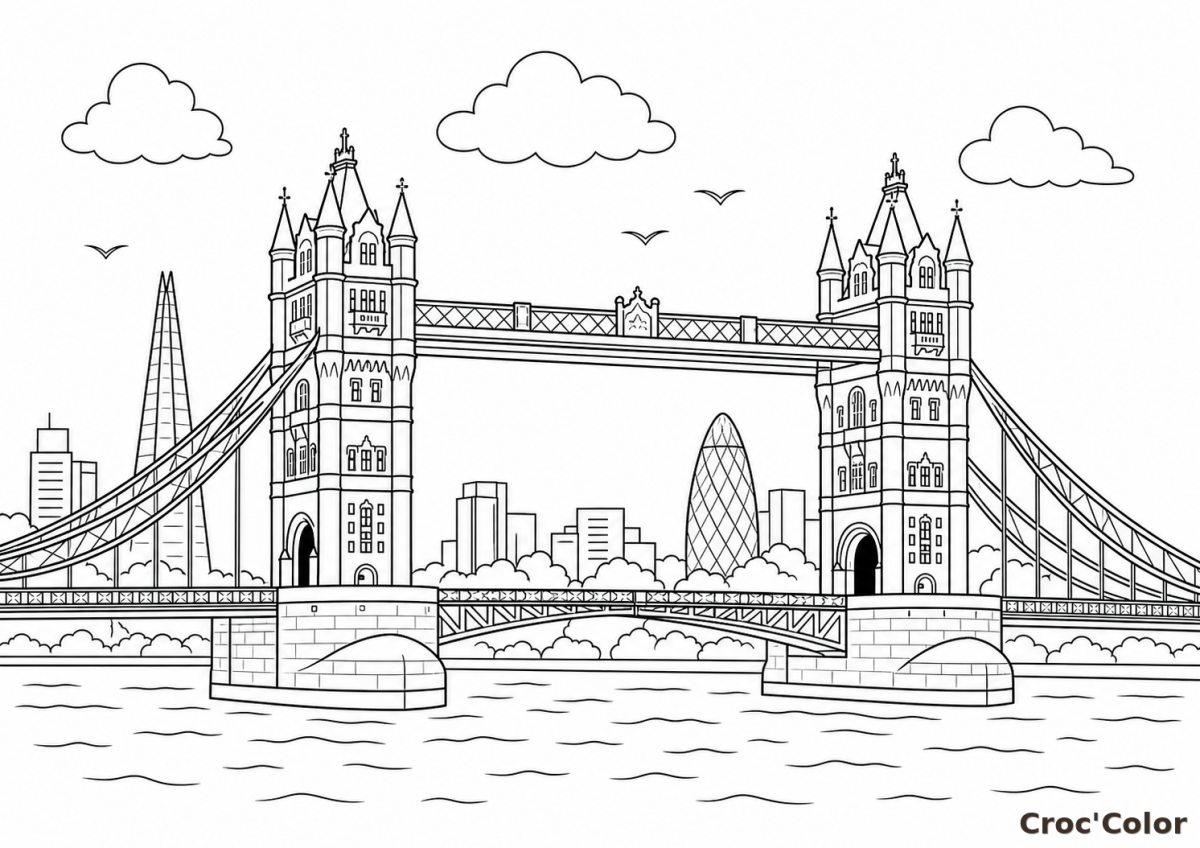 Coloriage Tower Bridge et Skyline de Londres - Dessin Voyage à Imprimer