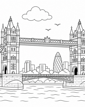 Coloriage Tower Bridge et Skyline de Londres - Dessin Voyage à Imprimer