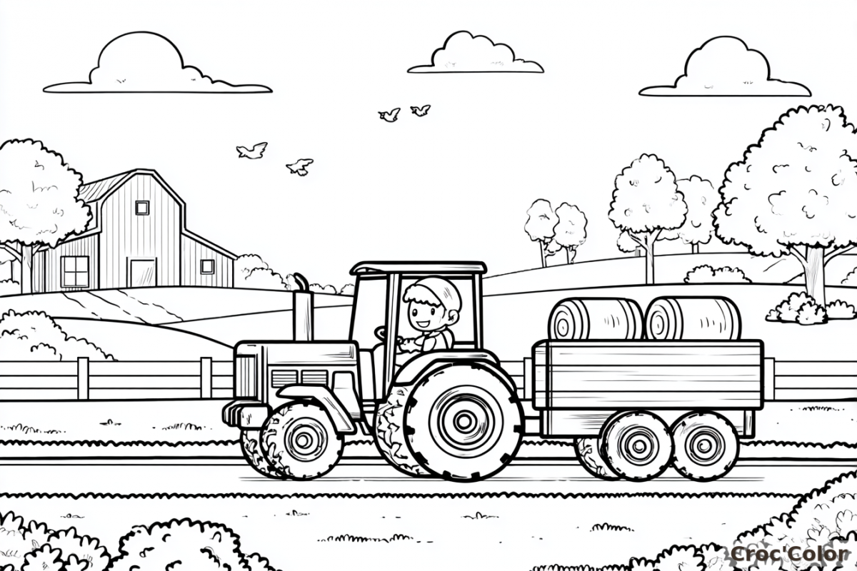 Coloriage Tracteur Ferme Facile - Dessin Tracteur et Remorque à la Campagne à Imprimer Gratuit