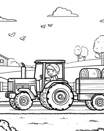 Coloriage Tracteur Ferme Facile - Dessin Tracteur et Remorque à la Campagne à Imprimer Gratuit