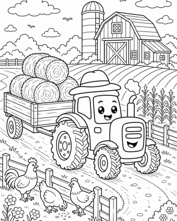 Coloriage tracteur de ferme détaillé - remorque et foin à imprimer