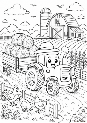 Coloriage tracteur de ferme détaillé - remorque et foin à imprimer