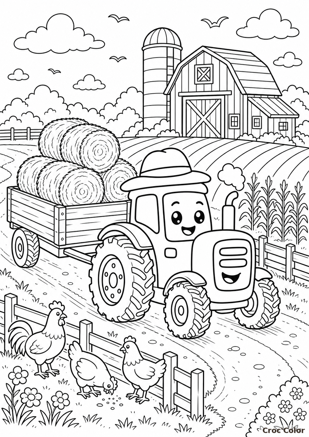 Coloriage tracteur de ferme détaillé - remorque et foin à imprimer