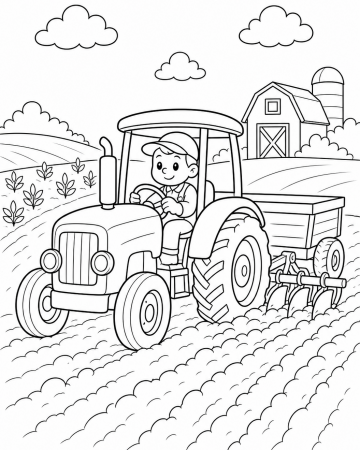 Coloriage Tracteur et Petit Fermier à la Ferme - Dessin Enfant à Imprimer
