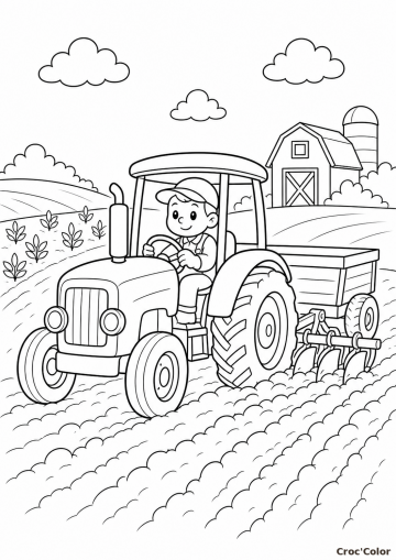 Coloriage Tracteur et Petit Fermier à la Ferme - Dessin Enfant à Imprimer
