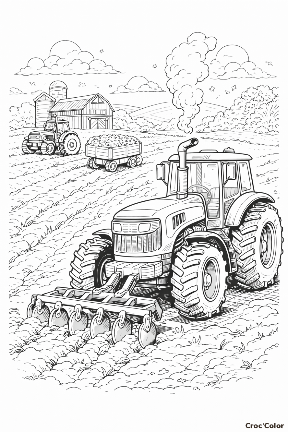 Coloriage Tracteur de Labour et Scène de Ferme - Dessin Agricole à Imprimer