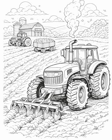 Coloriage Tracteur de Labour et Scène de Ferme - Dessin Agricole à Imprimer