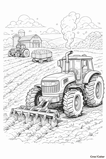 Coloriage Tracteur de Labour et Scène de Ferme - Dessin Agricole à Imprimer
