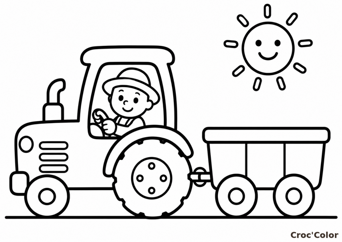 Coloriage Tracteur Facile Maternelle - Dessin Fermier et Remorque à Imprimer Gratuit