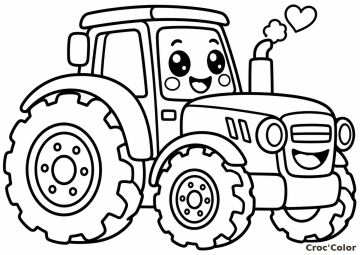 Coloriage Tracteur Mignon Facile - Dessin Petit Tracteur Rigolo Kawaii, Cœur de Fumée et Grandes Roues à Imprimer Gratuit