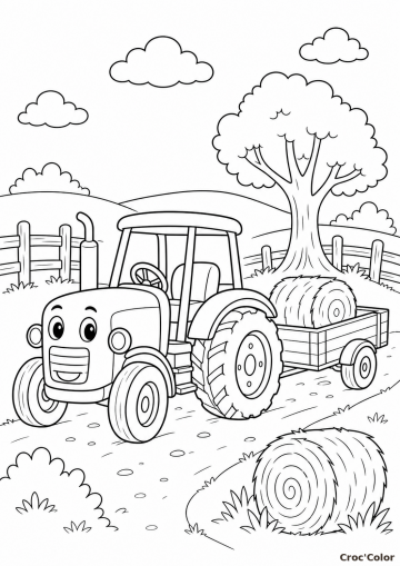 Coloriage Tracteur Rigolo et Bottes de Foin - Dessin Ferme à Imprimer