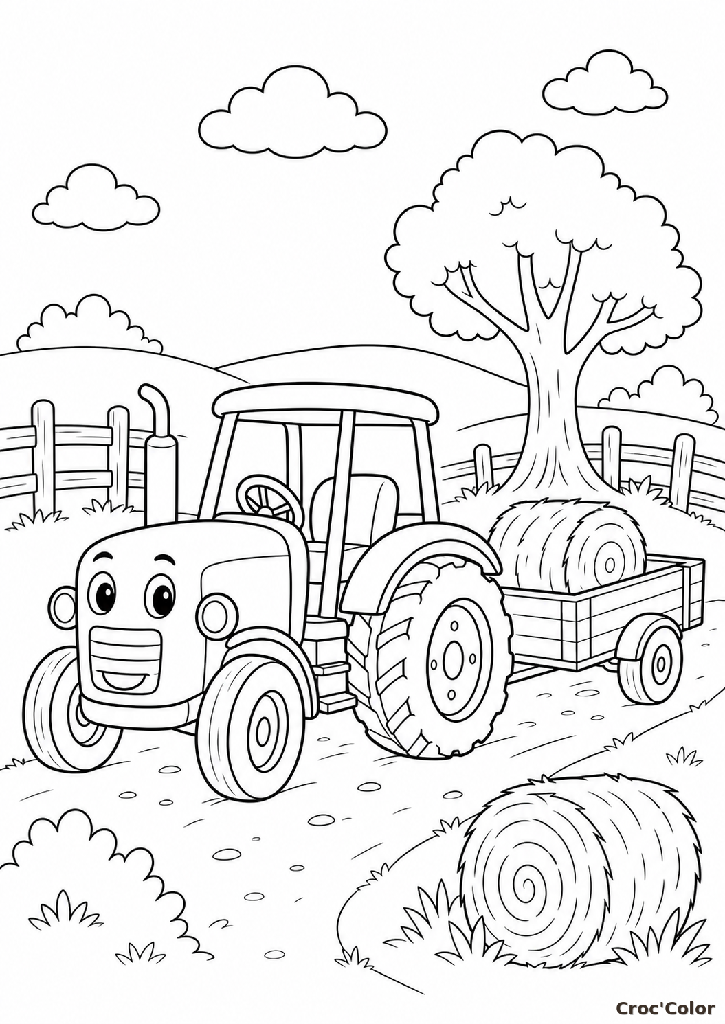 Coloriage Tracteur Rigolo et Bottes de Foin - Dessin Ferme à Imprimer