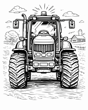 Coloriage Tracteur Réaliste de Face - Dessin Machine Agricole de Ferme à Imprimer