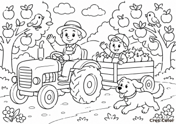 Coloriage Tracteur et Récolte des Pommes - Dessin Fermier à la Ferme avec son Chien à Imprimer Gratuit