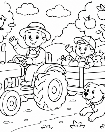 Coloriage Tracteur et Récolte des Pommes - Dessin Fermier à la Ferme avec son Chien à Imprimer Gratuit