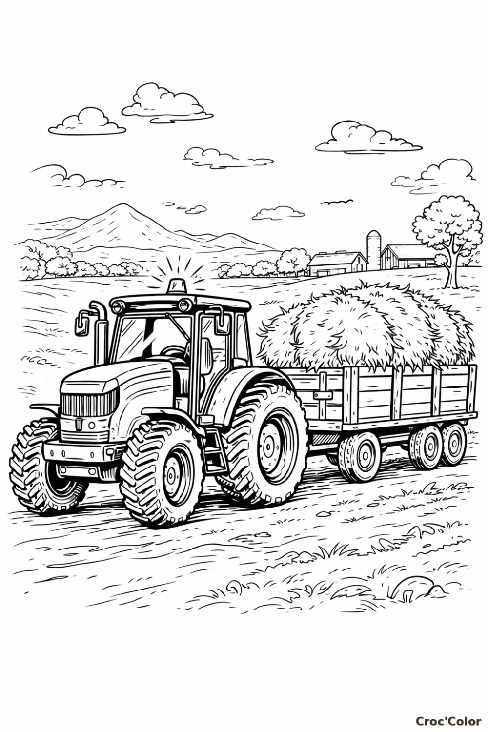 Coloriage Tracteur avec Remorque Facile - Dessin Ferme et Tracteur de Foin à Imprimer Gratuit