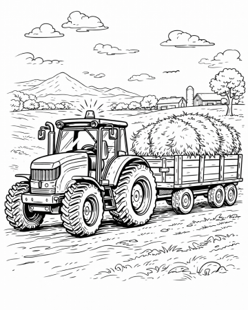 Coloriage Tracteur avec Remorque Facile - Dessin Ferme et Tracteur de Foin à Imprimer Gratuit