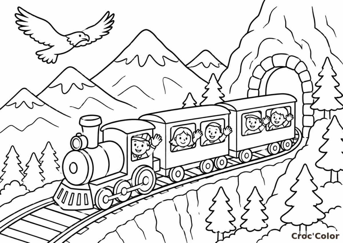 Coloriage Train de Montagne et Tunnel - Dessin Train à Vapeur, Passagers, Aigle et Montagnes à Imprimer Gratuit