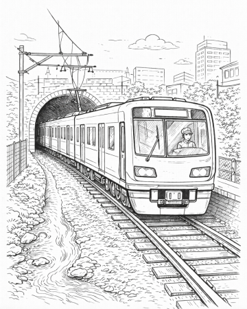 Coloriage Train Électrique et Tunnel Urbain : Dessin Réaliste à Imprimer