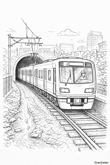 Coloriage Train Électrique et Tunnel Urbain : Dessin Réaliste à Imprimer