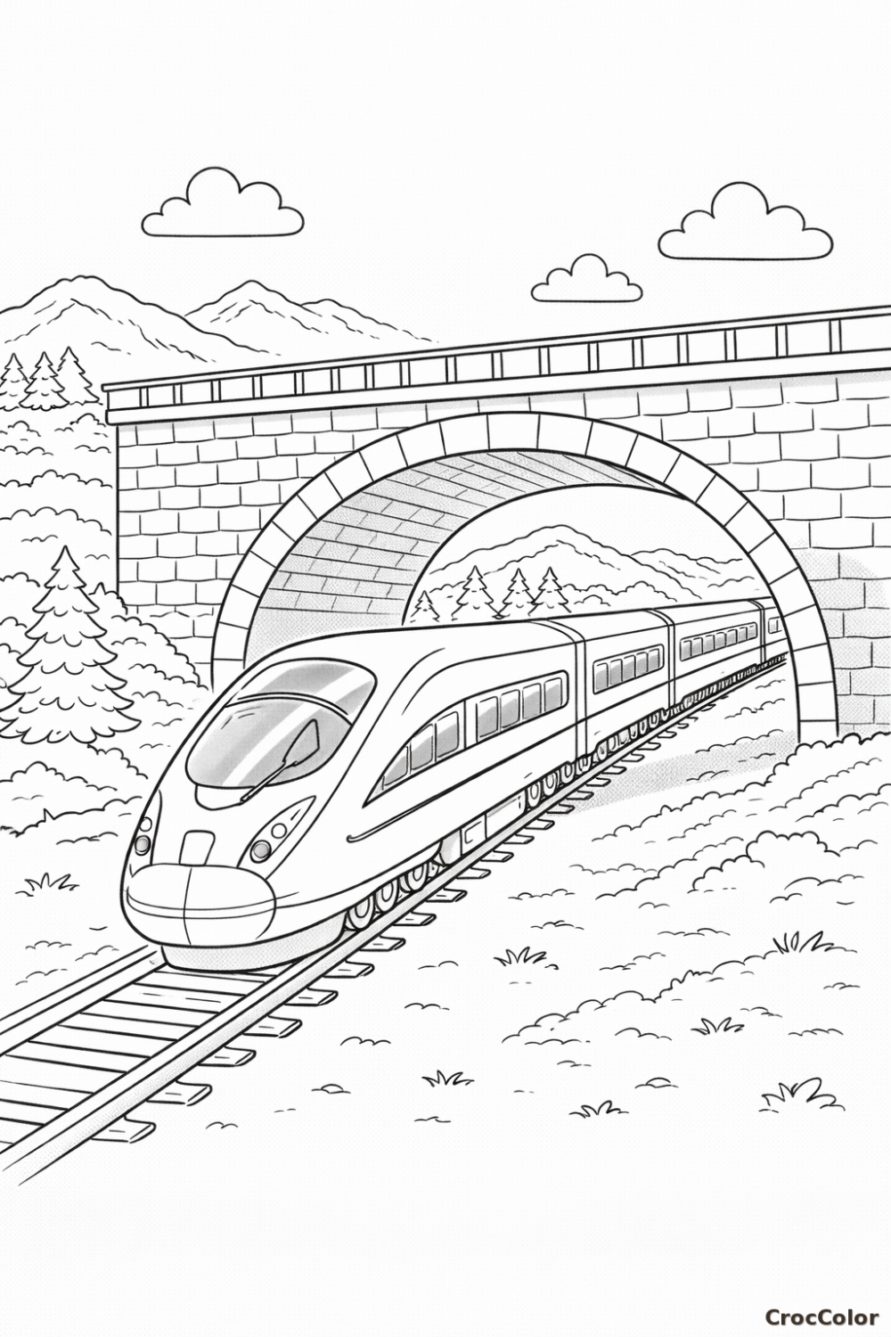 Coloriage Train à Grande Vitesse sous un Pont : Dessin TGV à Imprimer
