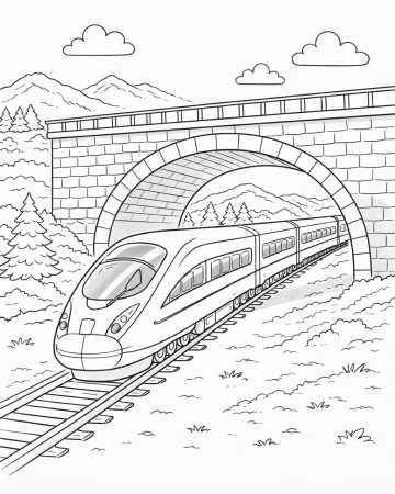 Coloriage Train à Grande Vitesse sous un Pont : Dessin TGV à Imprimer