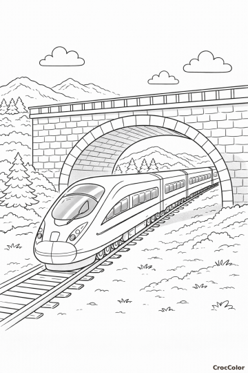 Coloriage Train à Grande Vitesse sous un Pont : Dessin TGV à Imprimer