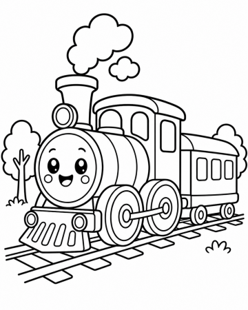 Coloriage train kawaii très facile - petite locomotive à imprimer