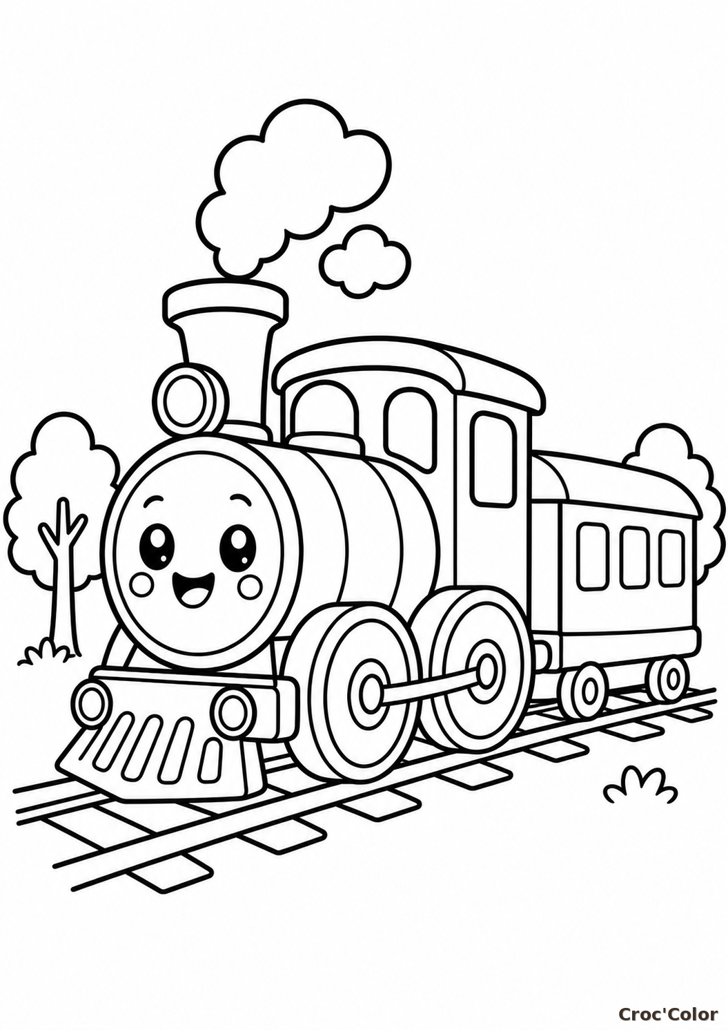Coloriage train kawaii très facile - petite locomotive à imprimer