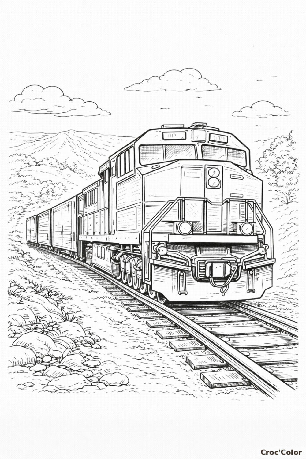 Coloriage Train Marchandises Facile - Dessin Locomotive et Train dans la Montagne à Imprimer Gratuit