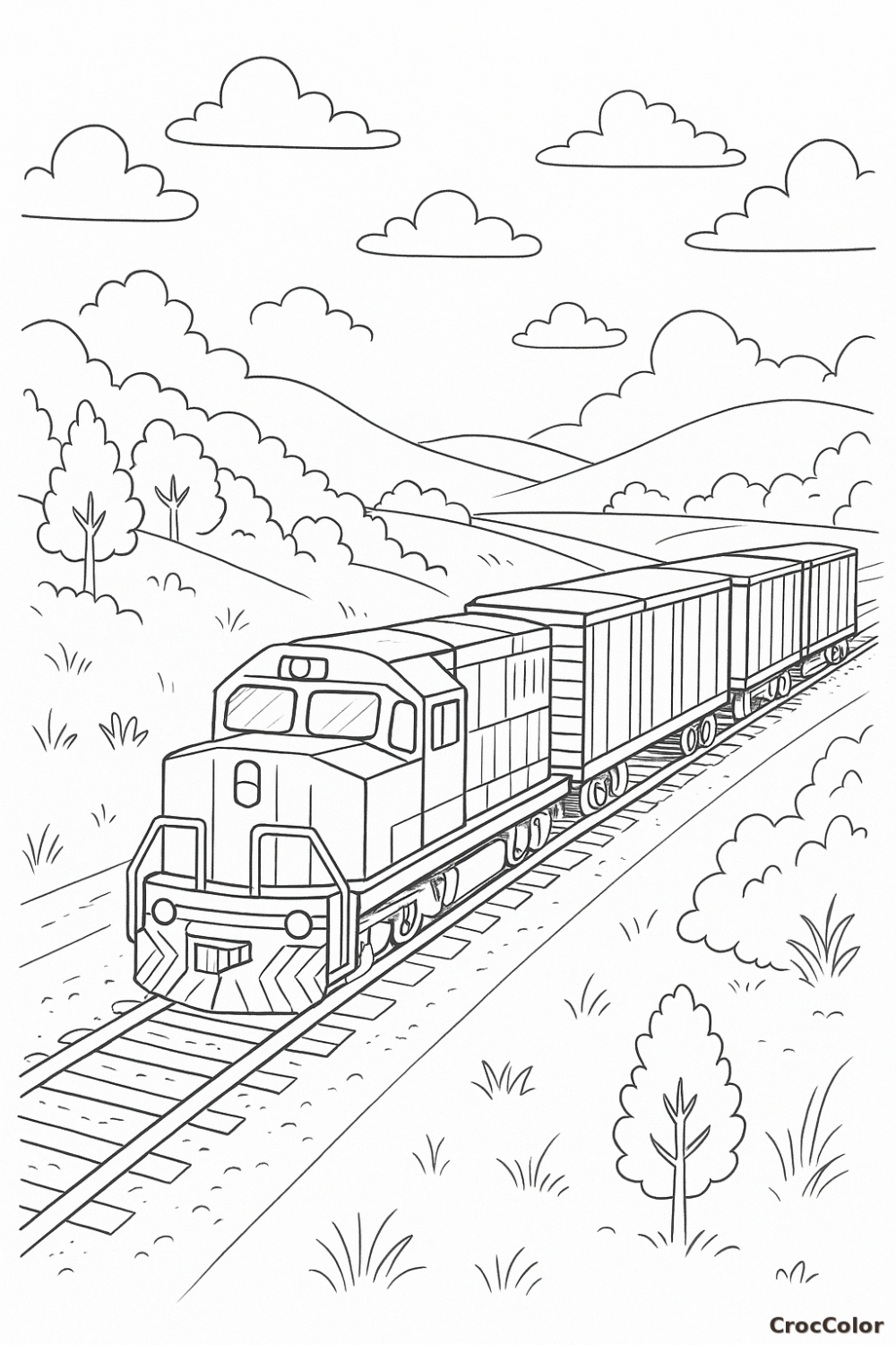 Coloriage train de marchandises dans la campagne – locomotive moderne