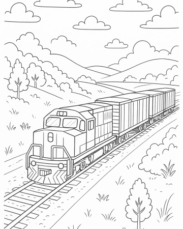 Coloriage train de marchandises dans la campagne – locomotive moderne