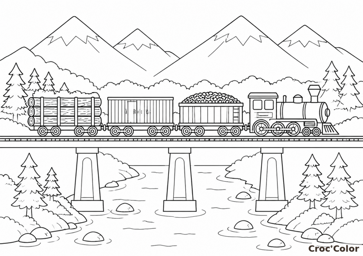 Coloriage Train de Marchandises sur un Pont - Dessin Locomotive et Paysage à Imprimer