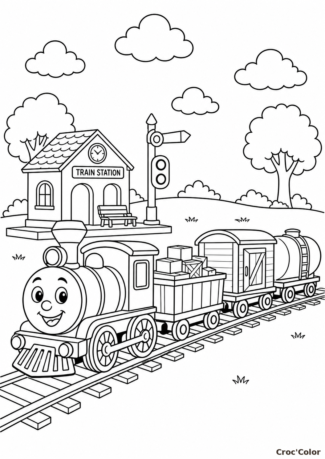 Coloriage train de marchandises souriant à imprimer