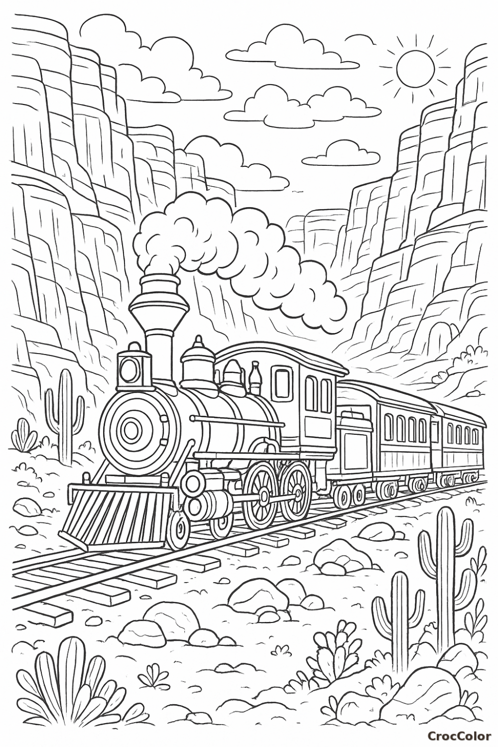 Coloriage train à vapeur dans le désert canyon – locomotive western