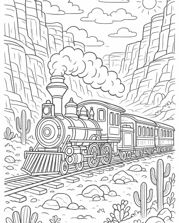 Coloriage train à vapeur dans le désert canyon – locomotive western