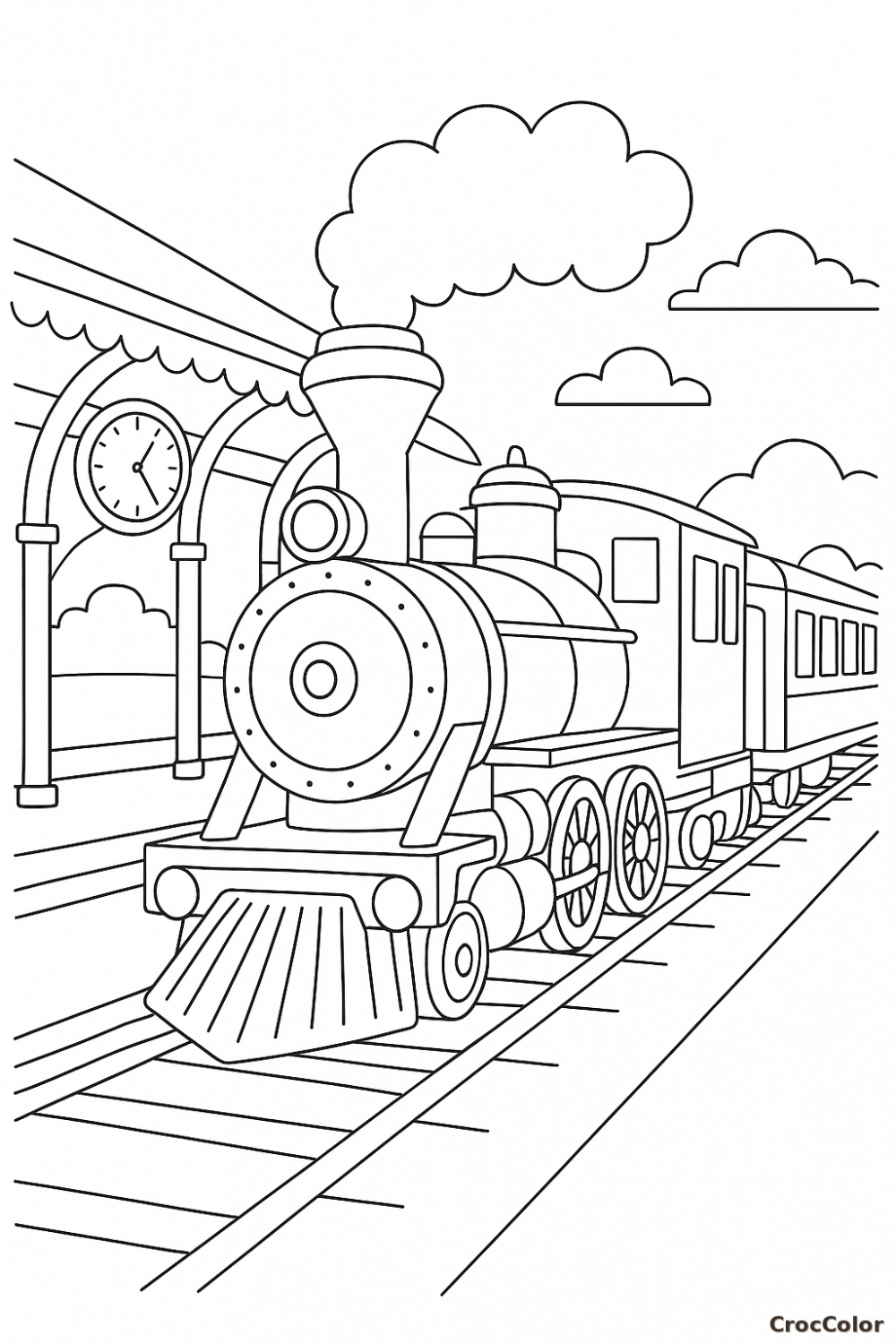 Coloriage Train à Vapeur à la Gare : Dessin à Imprimer Gratuit