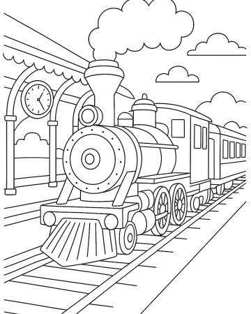 Coloriage Train à Vapeur à la Gare : Dessin à Imprimer Gratuit