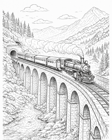 Coloriage Train à Vapeur sur Viaduc de Montagne : Dessin Réaliste à Imprimer