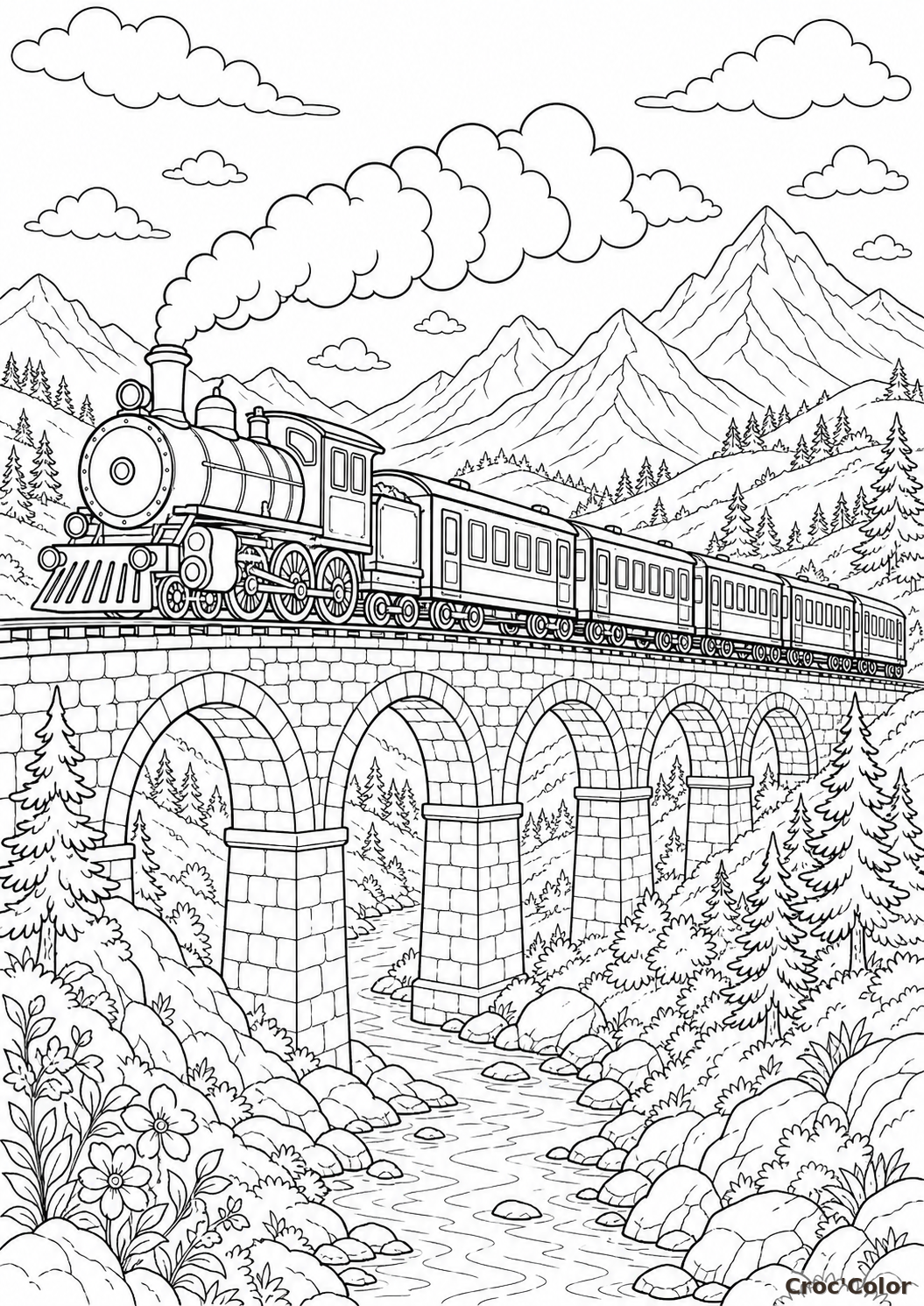 Coloriage train sur viaduc détaillé - paysage ferroviaire à imprimer
