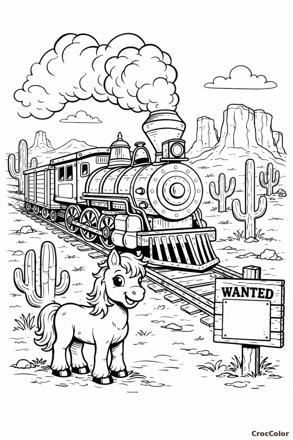 Coloriage train western avec poney dans le désert – locomotive Far West