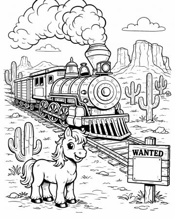 Coloriage train western avec poney dans le désert – locomotive Far West