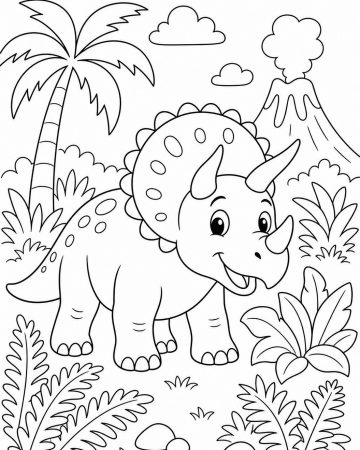 Coloriage Tricératops dans la jungle préhistorique - Dinosaure à imprimer