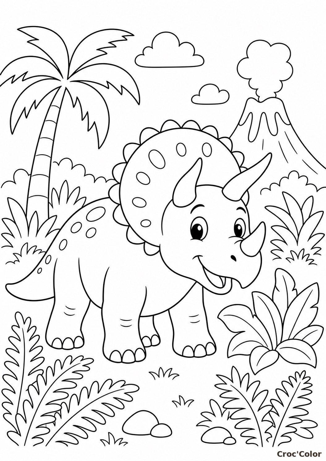 Coloriage Tricératops dans la jungle préhistorique - Dinosaure à imprimer