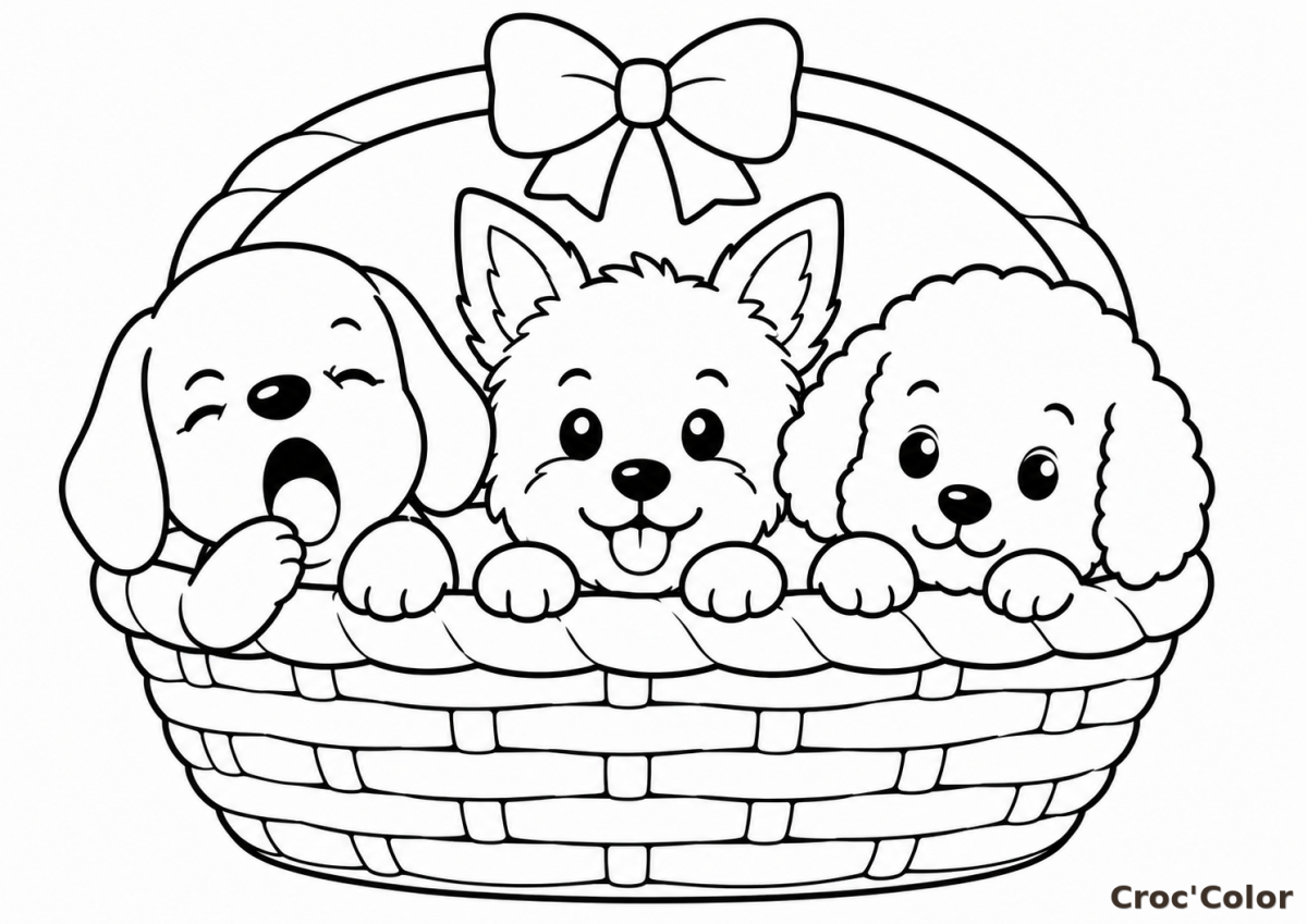 Coloriage Trois Chiots dans un Panier Maternelle - Dessin Petits Chiens Facile à Imprimer Gratuit