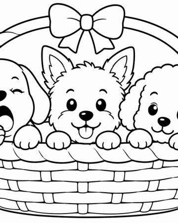 Coloriage Trois Chiots dans un Panier Maternelle - Dessin Petits Chiens Facile à Imprimer Gratuit