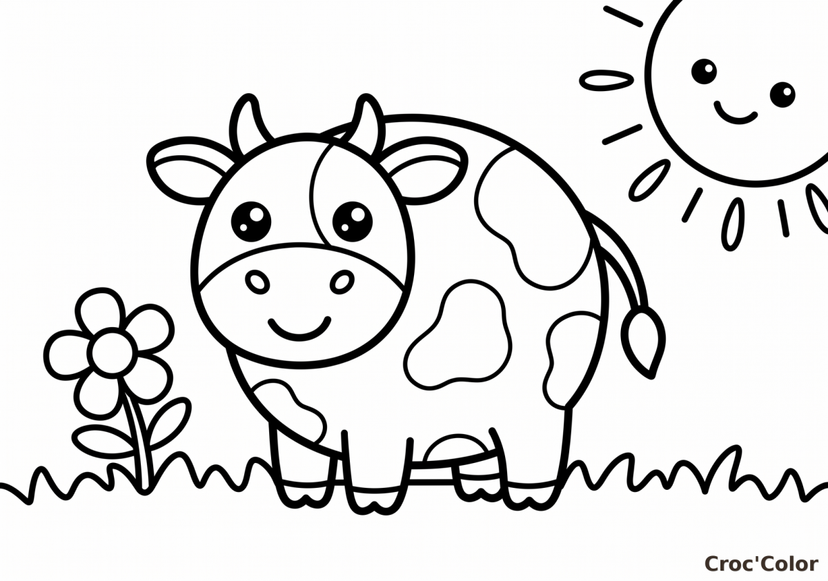 Coloriage Vache Facile Maternelle - Dessin Ferme Kawaii à Imprimer