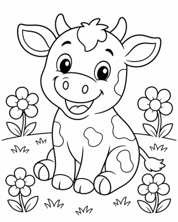 Coloriage Petite Vache Mignonne et Fleurs - Dessin de la Ferme Facile à Imprimer