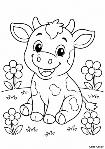 Coloriage Petite Vache Mignonne et Fleurs - Dessin de la Ferme Facile à Imprimer